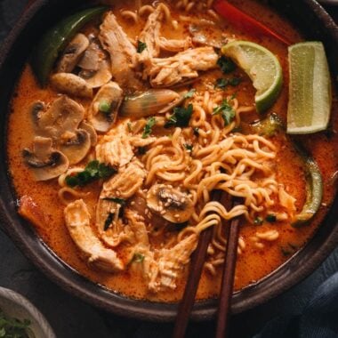 Thai peanut butter ramen in a bowl close up