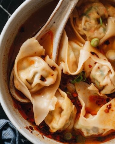 Close-up of plant-based wontons