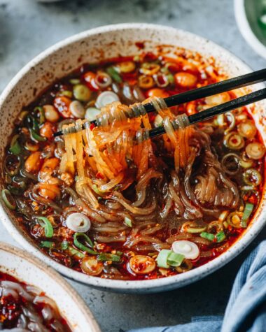 Suan La Fen close up pulling noodles