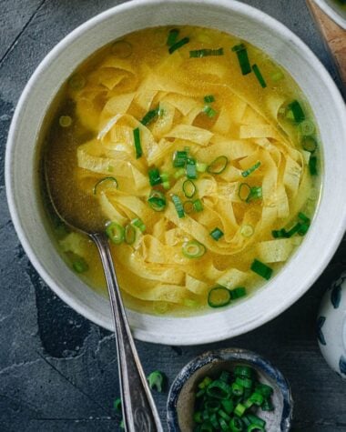 Vegan egg drop soup made with yuba sheet