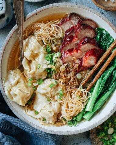 Wonton char siu noodle soup close up