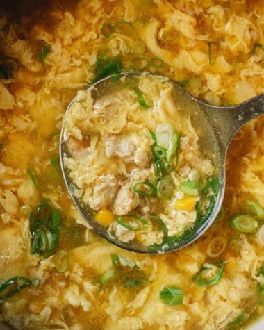 Chinese corn soup with chicken close up