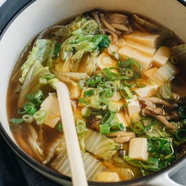 Napa cabbage tofu soup close up