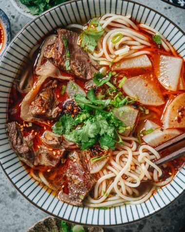 Lanzhou beef noodle soup close up