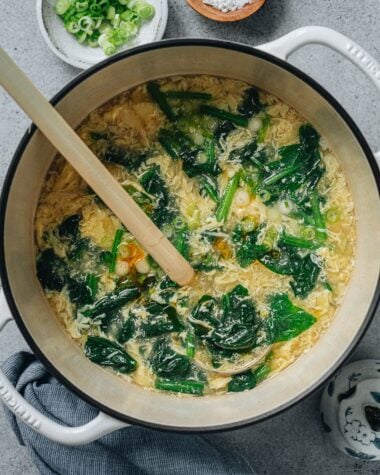 Spinach egg drop soup in a pot