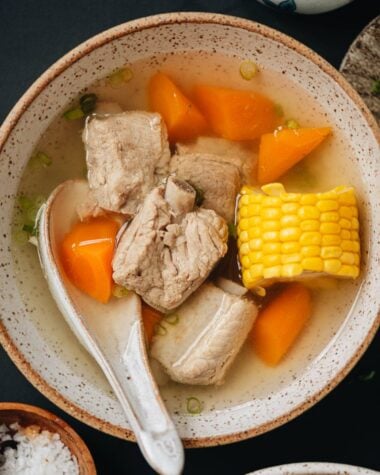 Pork and corn soup close up