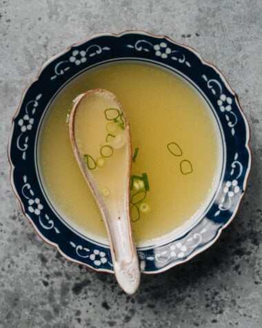 Chinese chicken stock served in a soup bowl