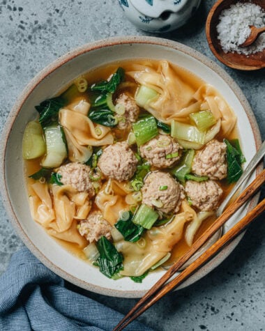 Deconstructed wonton soup served in a bowl